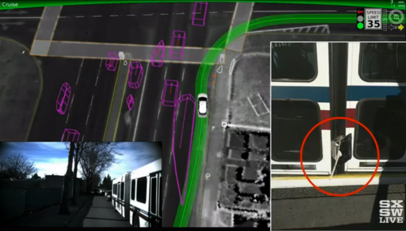 Video stills from the incident, the car’s data, and damage sustained when the bus clipped the car’s sensor